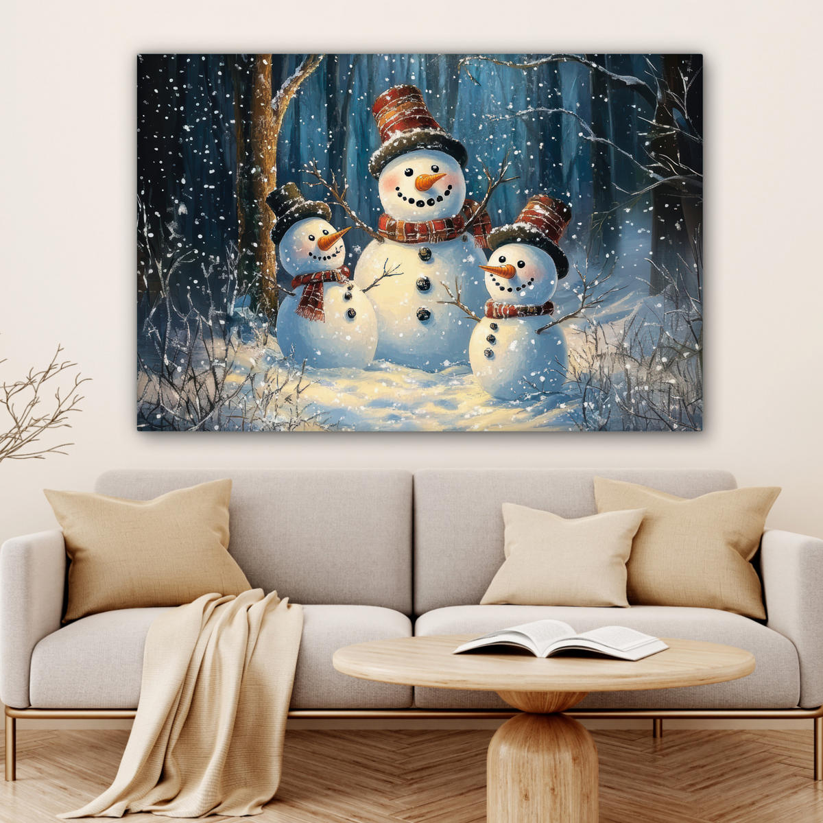 LEINWANDBILD Schneemann - Schnee - Winter - Wald Wohnzimmer 120x80 cm - Hellblau, Textil (120/80cm) - MuchoWow