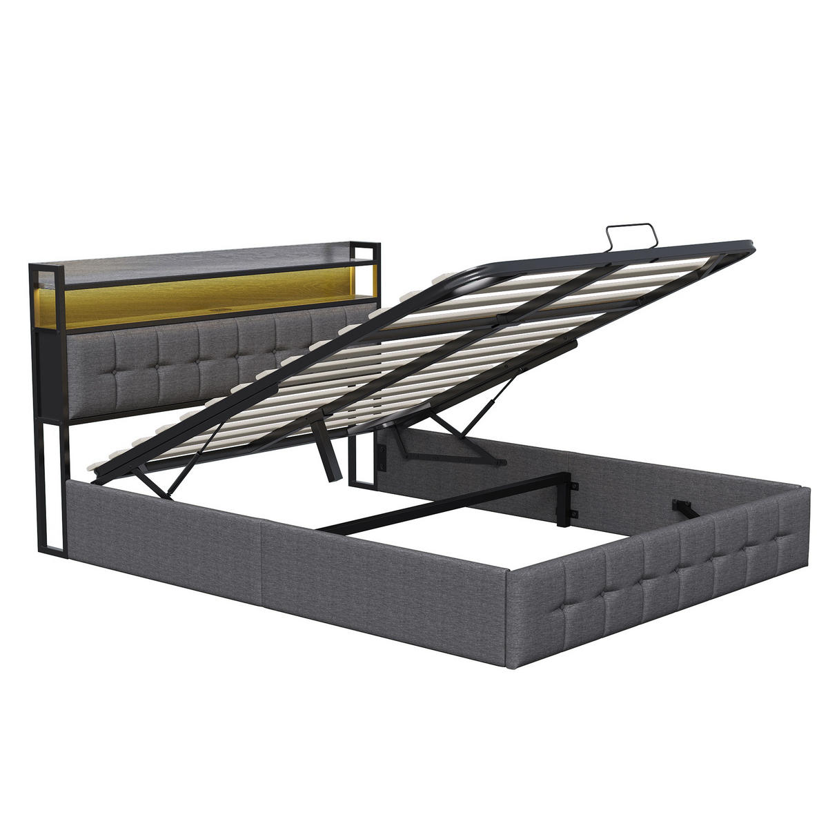 POLSTERBETT 140x190 cm Smart-Lift Elite mit Hydraulik-Stauraum, RGB-LED & Ladestation, Leinen-Optik, Grau - Grau, Textil (140/190cm) - DELFA