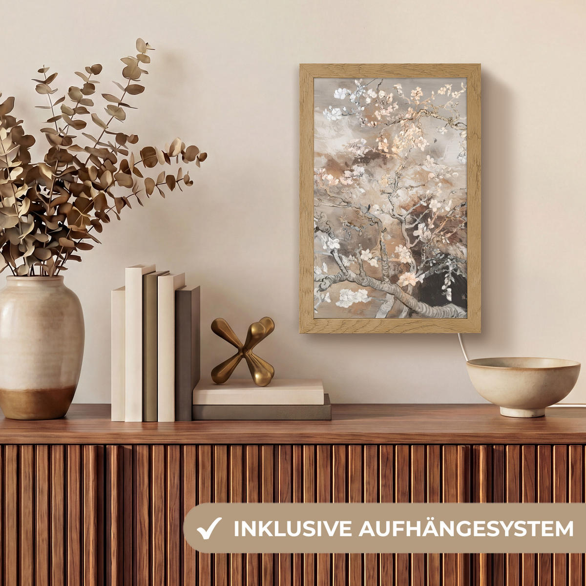 TISCHLEUCHTE Mandelblüte - Kunst - Van Gogh - Beige - Abstrakt 20x30 cm - Ahornfarben, Holzwerkstoff (8/20/30cm) - OnlyWow