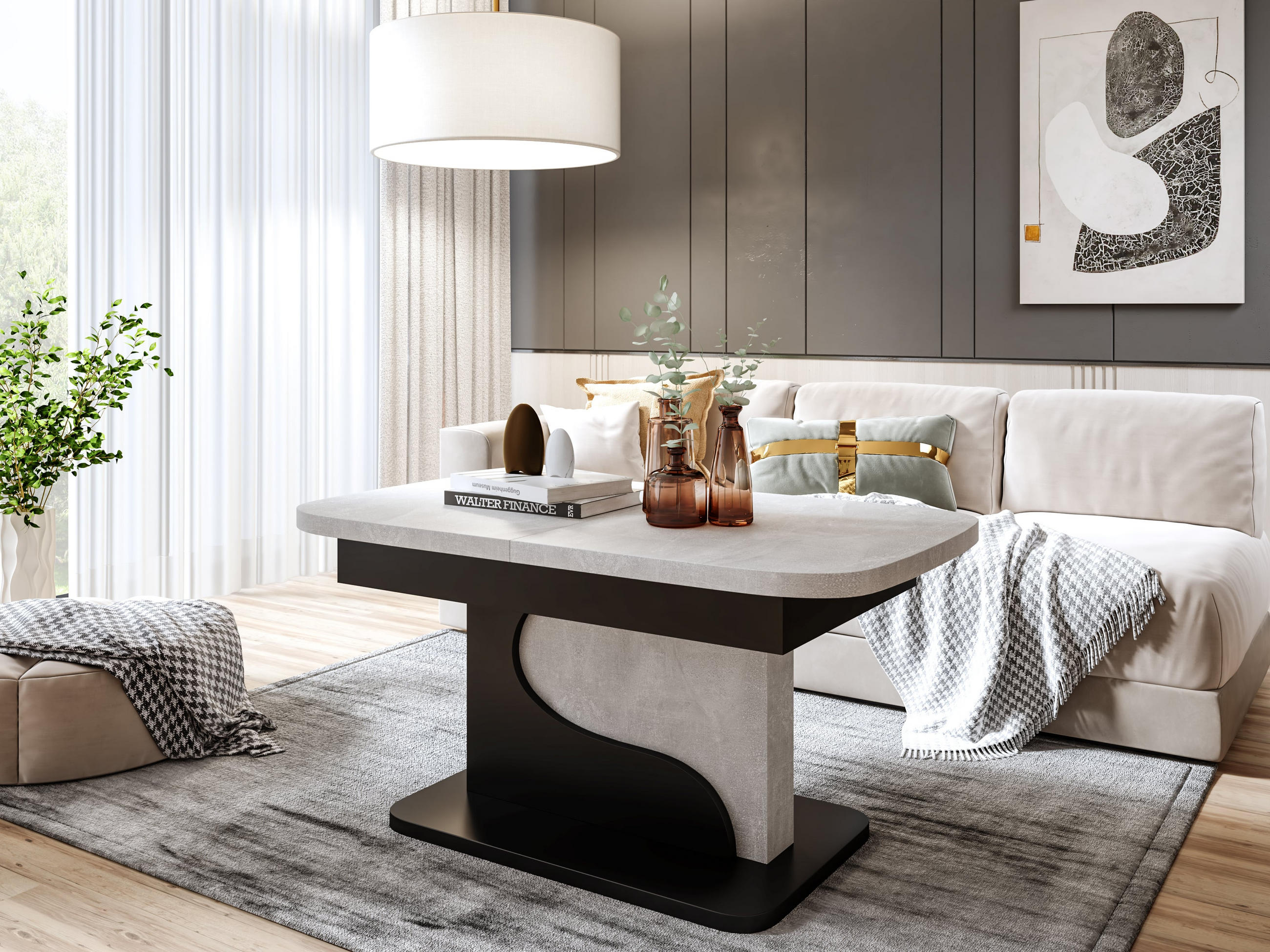 COUCHTISCH rechteckig Beton - Schwarz ausziehbar höhenverstellbar - Hellgrau/Schwarz, Holzwerkstoff (70/120/58cm) - designimpex