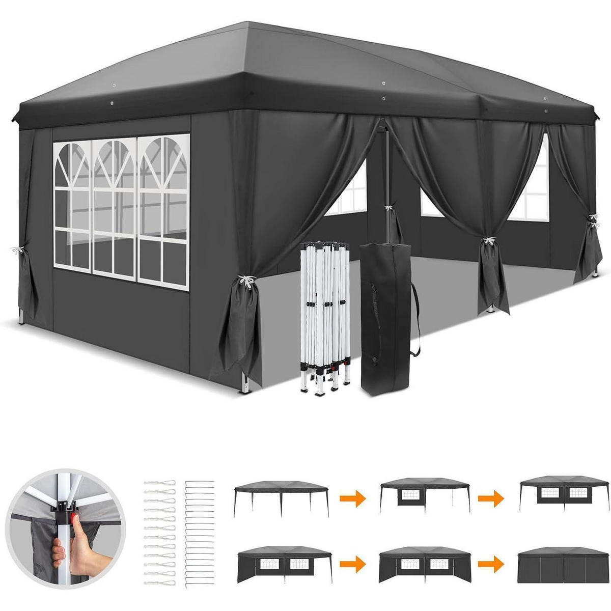 FALTPAVILLON 3 x 6 m Grau mit 6 Seitenteilen - Grau, Metall (300/268/600cm)