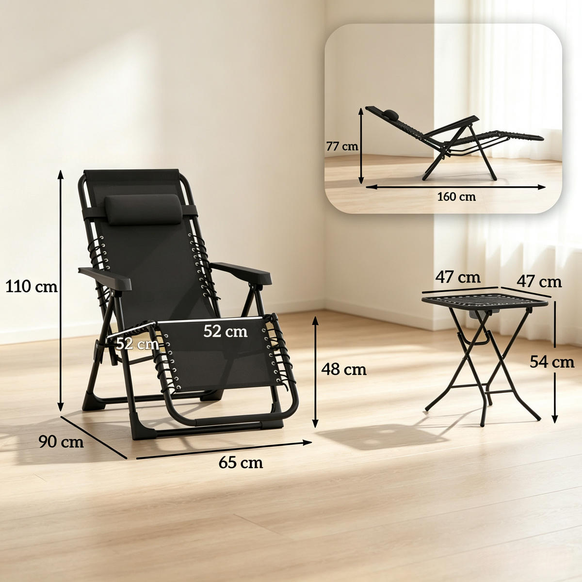 GARTENMÖBEL,2 Liegestühle+1 Tisch - Schwarz, Metall - Vallsero