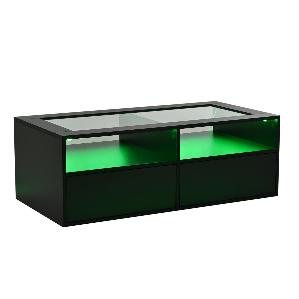 KONFERENČNÍ stolek 100/50/35 cm černý ze skla a dřevotřísky s LED osvětlením a 2 zásuvkami - černá, sklo (100/50/35cm) - OKWISH
