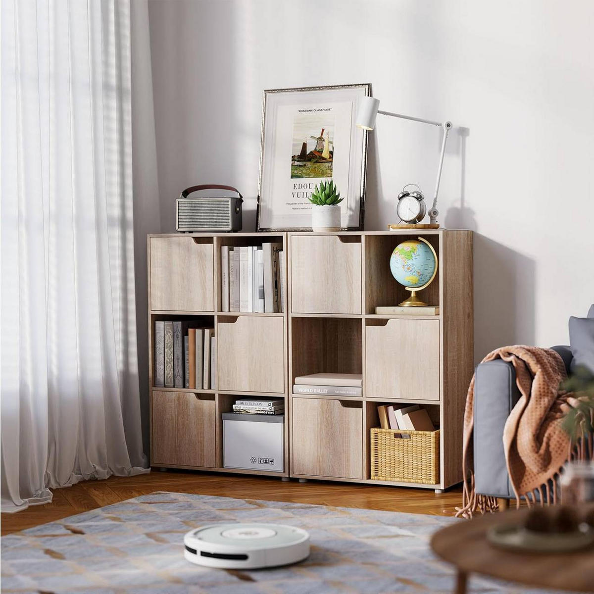 REGALE Bücherregal mit 3 Türen, 6 Fächer, Eiche - Eichefarben/Grau, Holzwerkstoff/Kunststoff (59.6/91/29cm) - Woltu