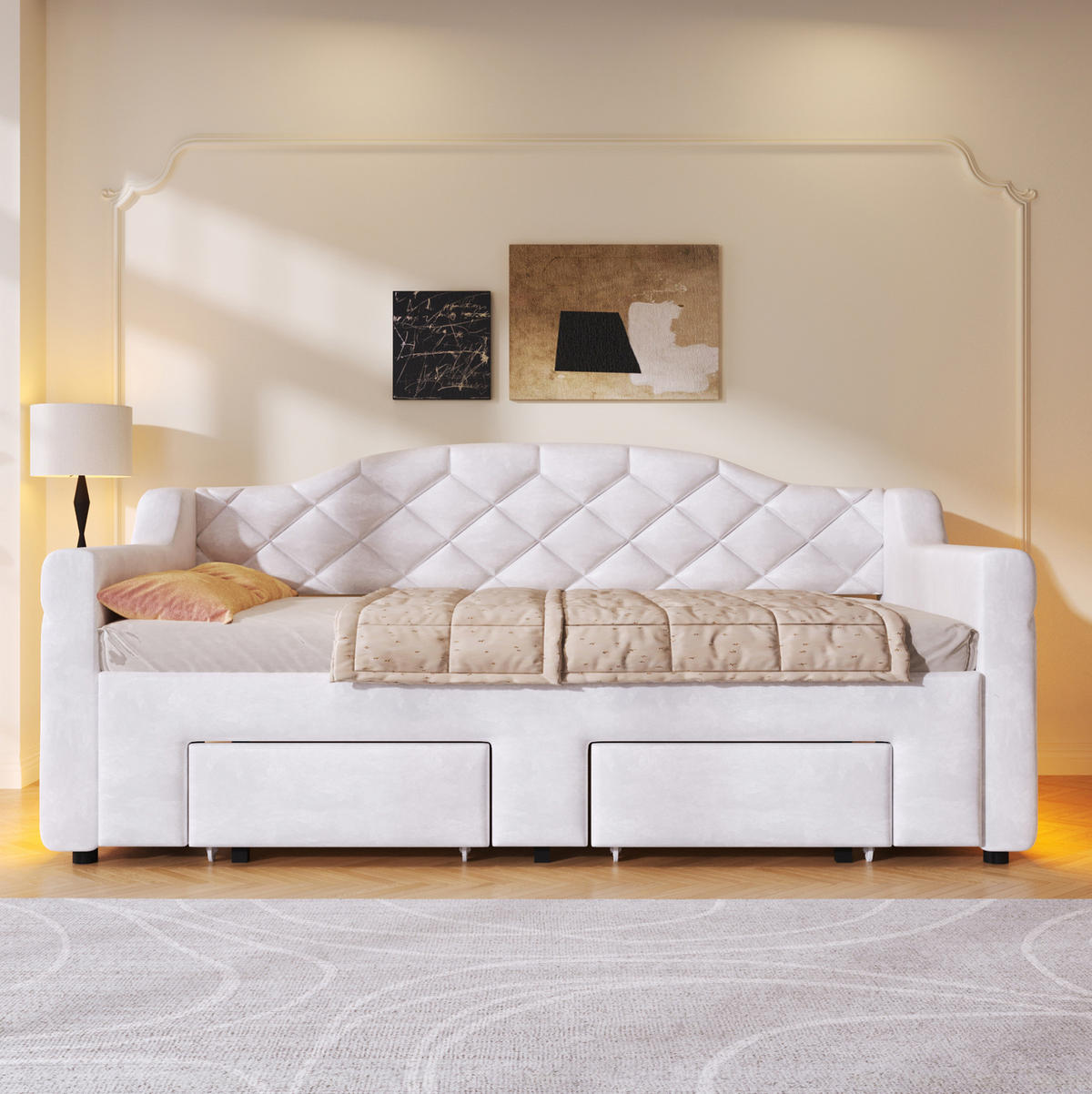 DENNÁ posteľ 90/200 cm biela rozkladacia na 180/200 cm s LED a zásuvkami z MDF, preglejky a zamatu - biela, textil (90/200cm) - OKWISH