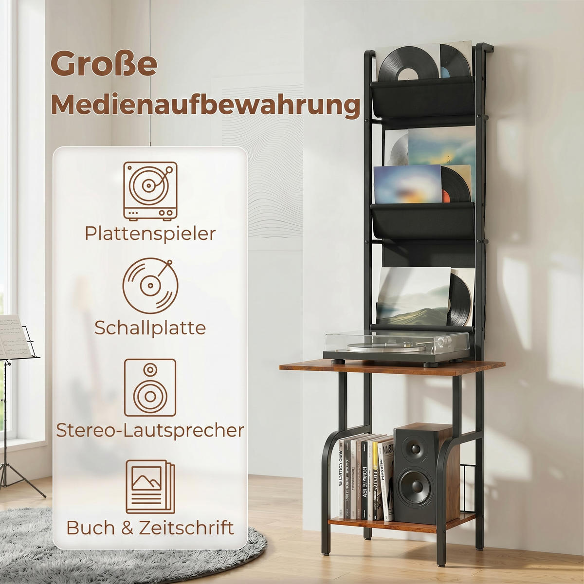 CD-REGAL Braun und Schwarz mit 3 Stofftaschen - Wildeiche, Metall (50/144/48.5cm) - PANGIVO