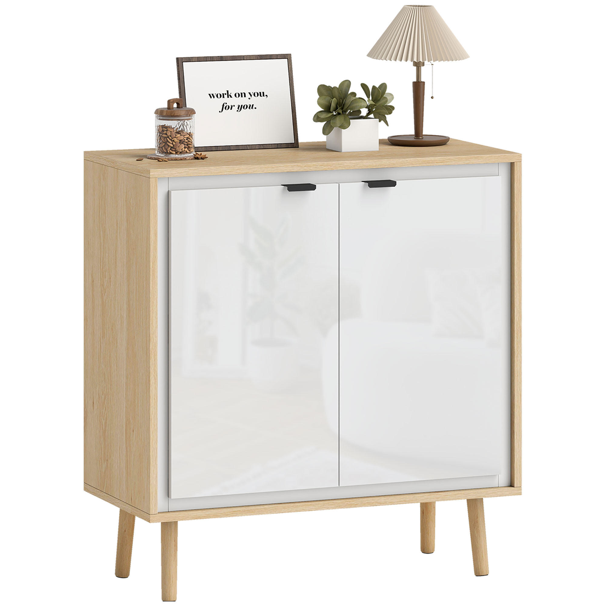 SIDEBOARD Weiß-Hochglanz und Eiche-Nachbildung, 72/35/77 cm - Weiß, Holz (72/77/35cm) - PANGIVO