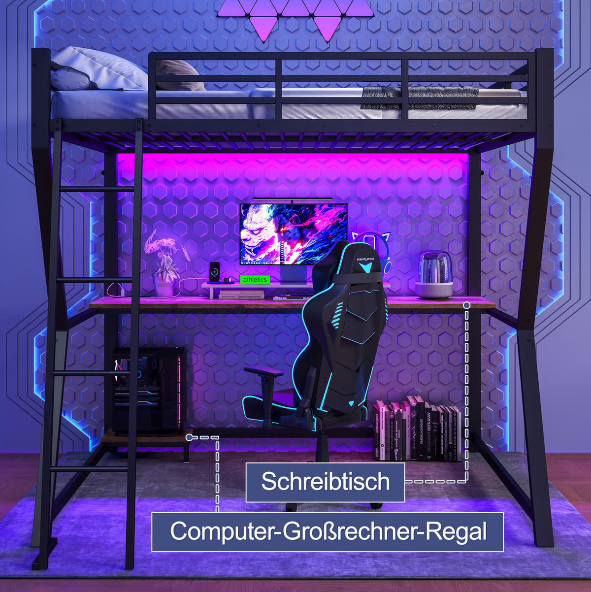 HOCHBETT 140/200 cm aus Metall mit LED und Schreibtisch, Schwarz - Schwarz, Metall (140/200cm) - OKMYHOME