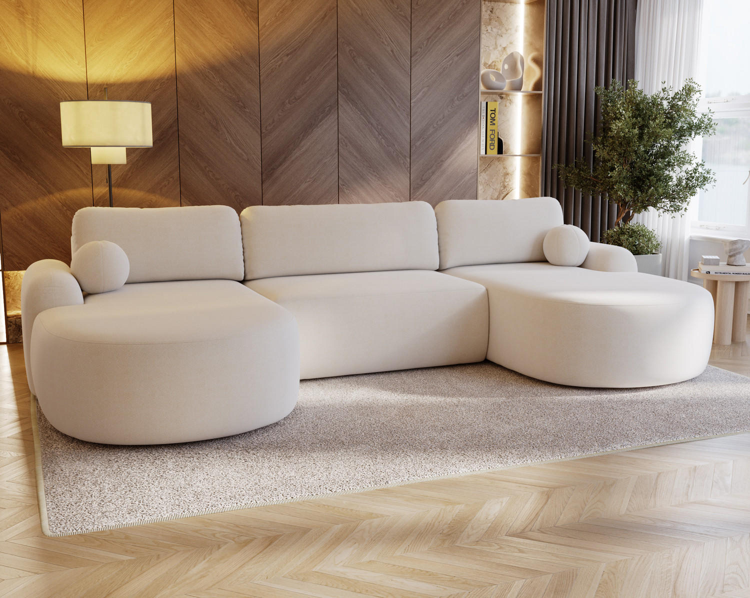 WOHNLANDSCHAFT DION-U Boucle Weiß mit Schlaffunktion - Weiß, Textil (377/92/177cm) - Luxkor24