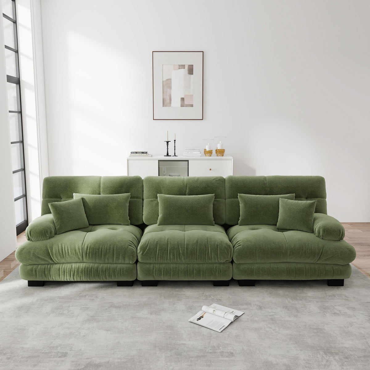 SCHLAFSOFA 3-Sitzer aus Chenille mit Tiefsitz, Grün - Grün, Textil (313/81/77cm)