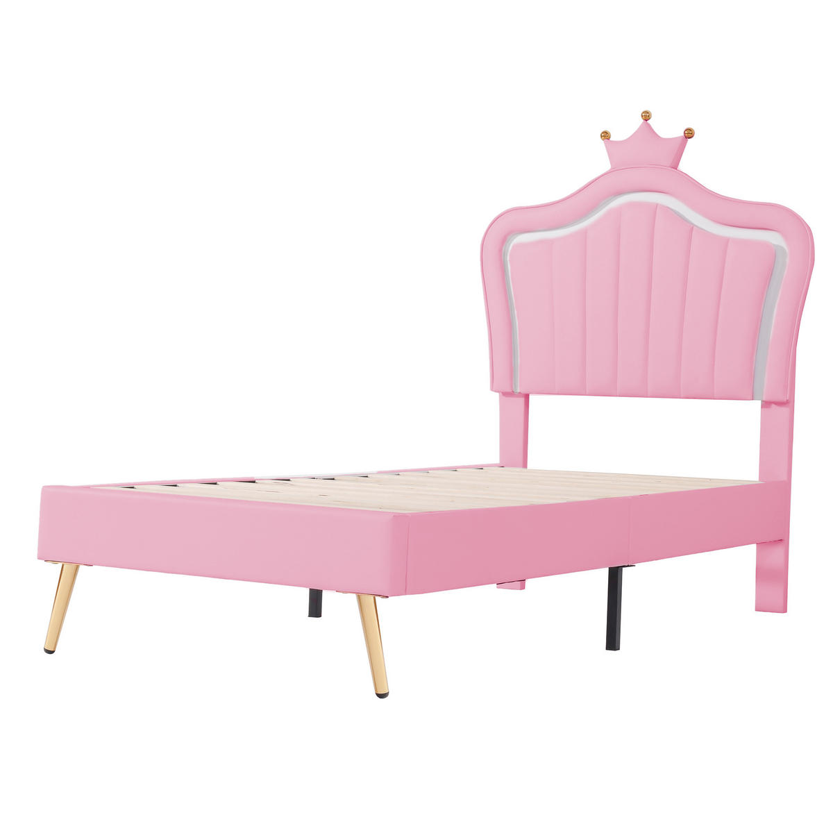 KINDERBETT 90/200 cm Rosa Polsterbett mit LED-Beleuchtung und Kronen-Design - Pink, Textil (90/200cm) - OKWISH