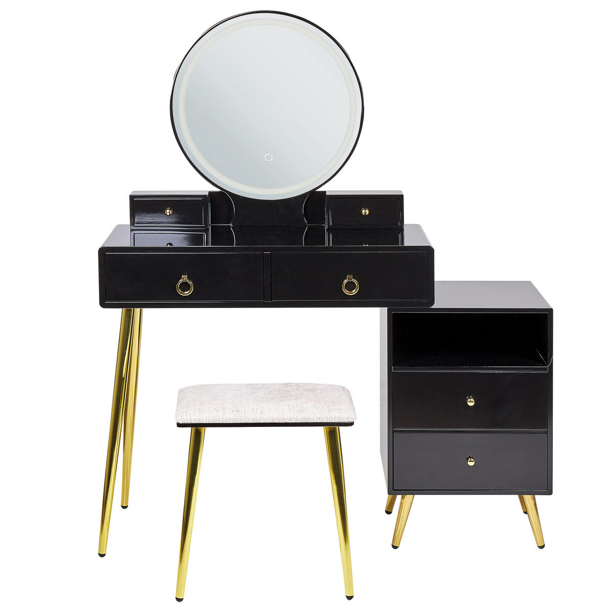 SCHMINKTISCH mit rundem LED-Spiegel Hocker 6 Schubladen schwarz/gold Yves - Goldfarben/Schwarz, Holzwerkstoff (98/133/38cm) - Beliani