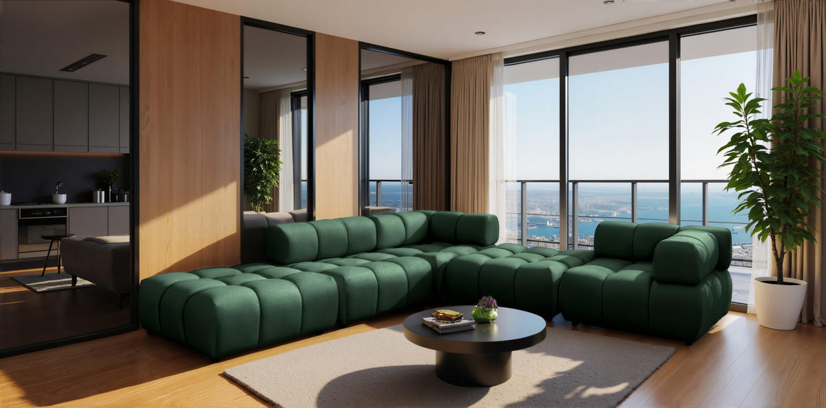 ECKSOFA Corner Modular, Veloursstoff Bluvel, Grün, Links, Bolla - Grün, Holz (288/288cm) - Kaiser Möbel