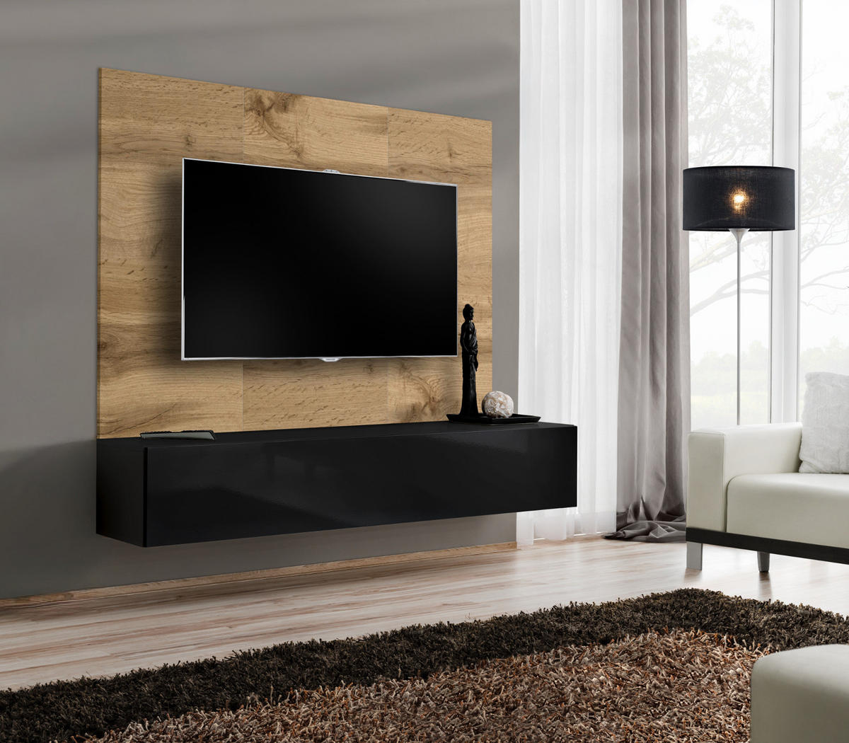 TV-LOWBOARD Eiche Wotan und schwarz 180 cm, Set hängend inklusive Akustikpaneel - Eiche Wotan/Schwarz, Holzwerkstoff (180/148/40cm) - Inn.Furn