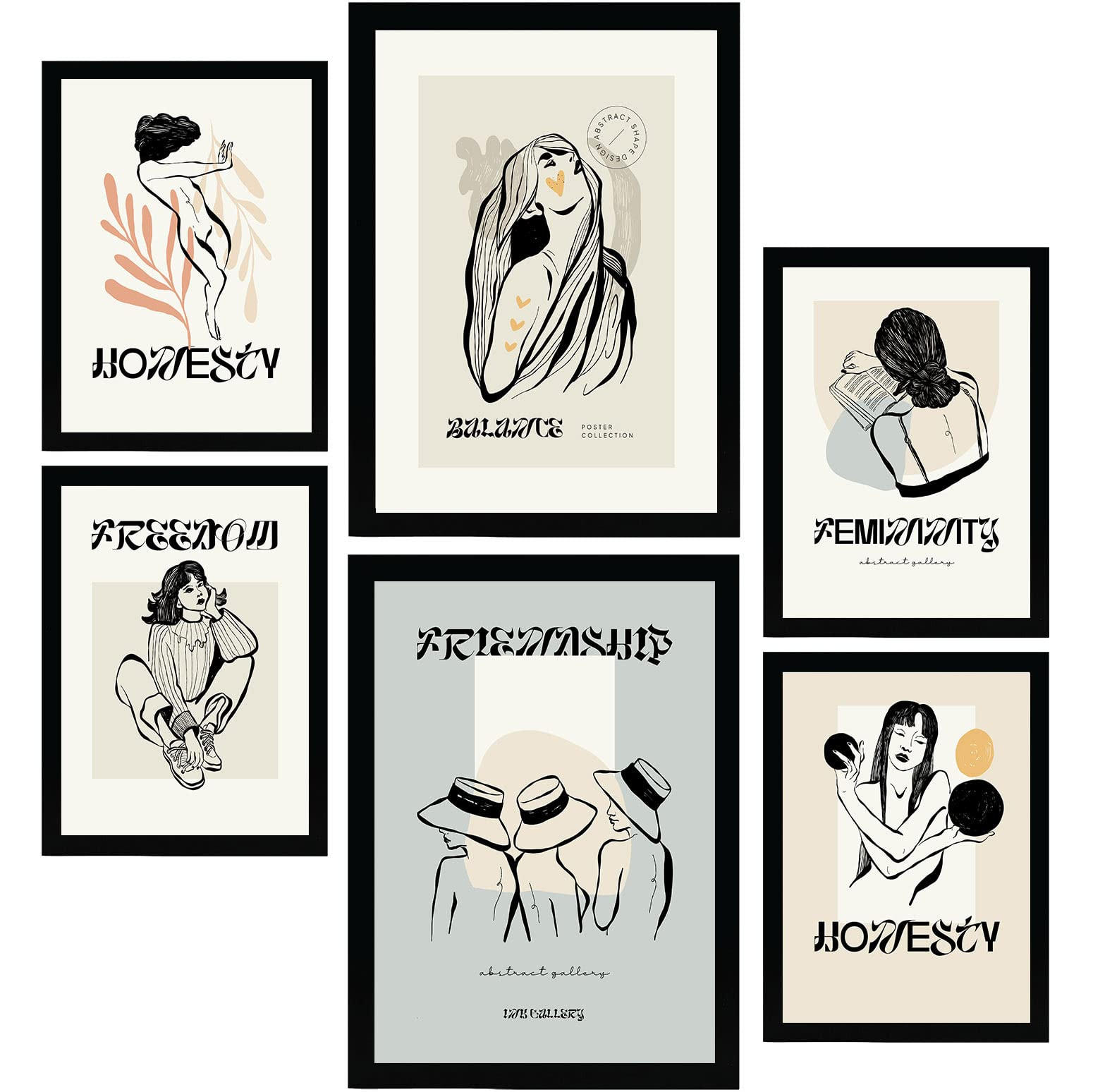 POSTER Set Mit 6 In Schwarzer Tinte Freundschaft Kunstdrucke Im Skizzenstil Für Innenarchitektur A3 & A4 Schwarzer Rahmen - Schwarz, Papier (29/3cm) - Nacnic