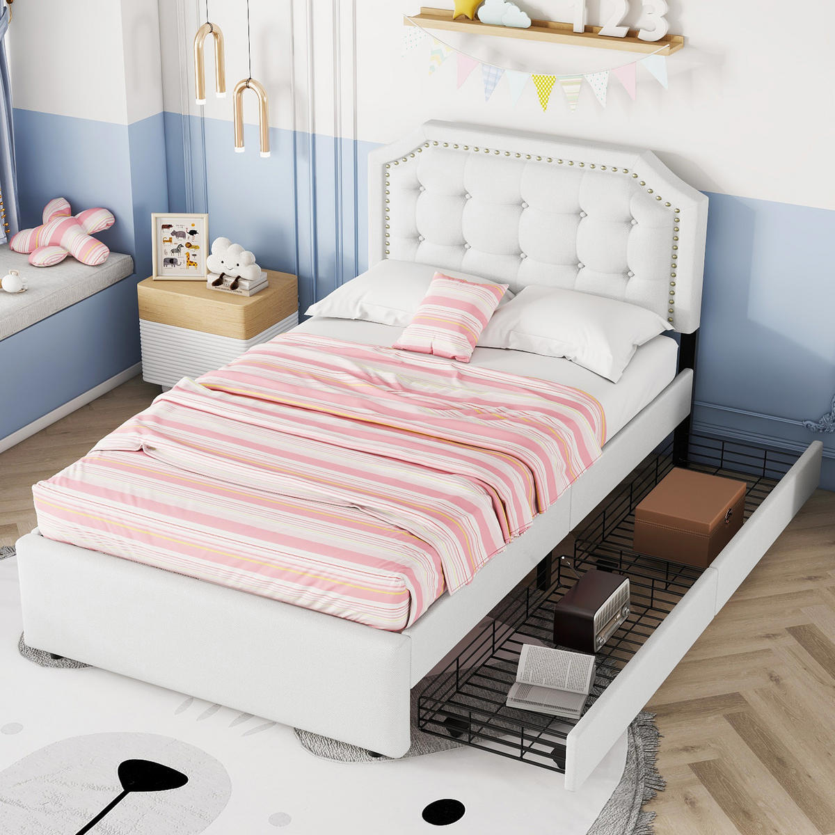 BETT mit 2 Schubladen 90x200 cm MDF und Leinenstoff Hellbeige - Beige, Metall (90/200cm) - Meubliv