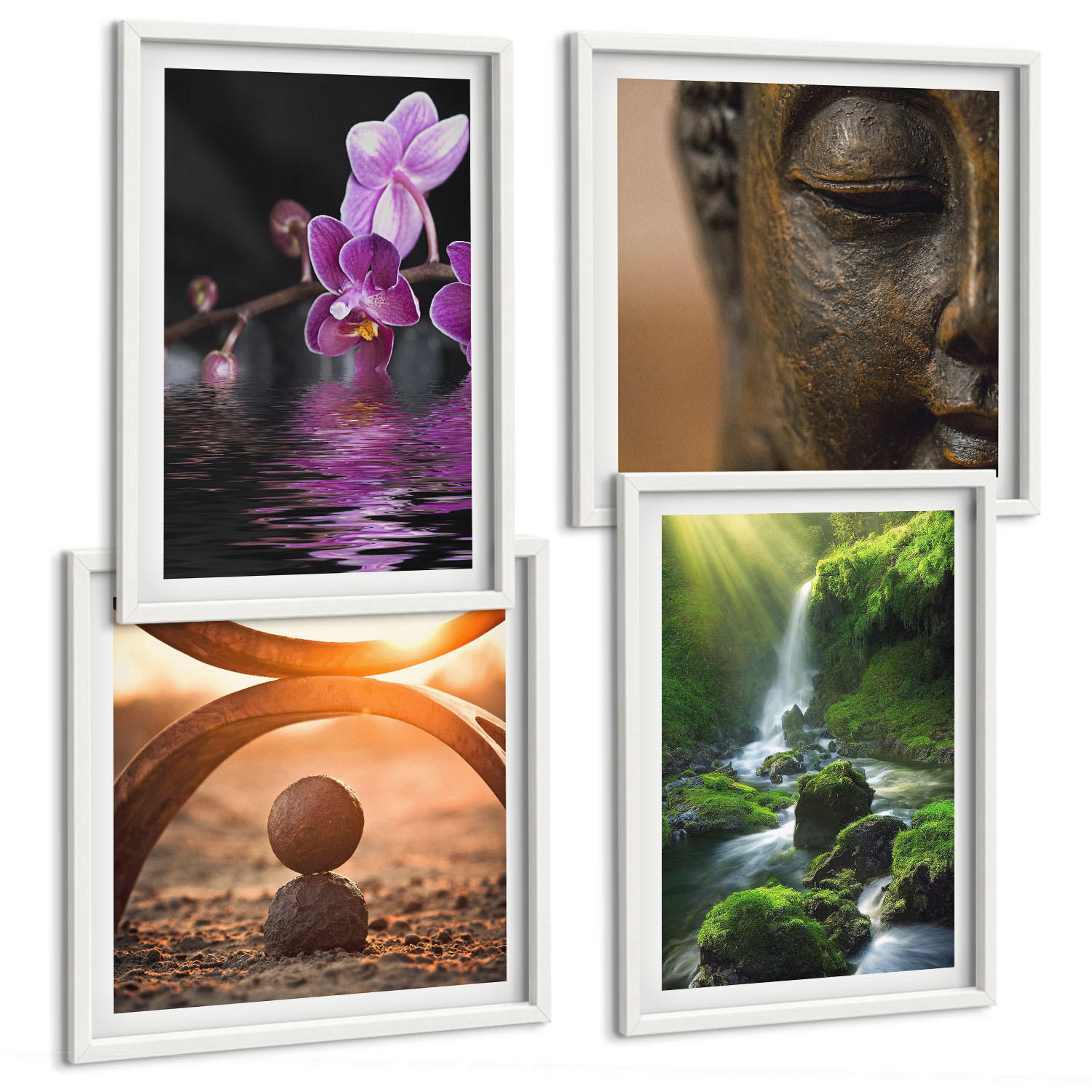 BILDER SET 4er Set - 50x50 cm & 40x60 cm Weißer Rahmen - Blumen im Wasser des Buddha-Wasserfalls - Weiß, Kunststoff (50/50cm) - TULUP