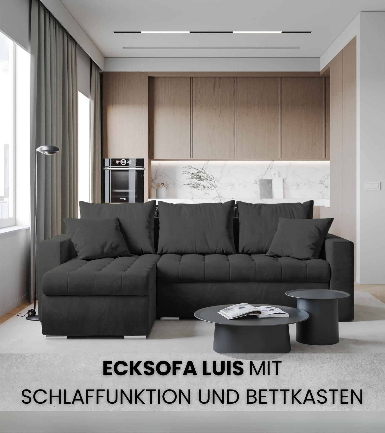 ECKSOFA Luis mit Schlaffunktion Graphit Samt - Silberfarben/Graphitfarben, Kunststoff/Textil (148/238cm) - Bromarkt