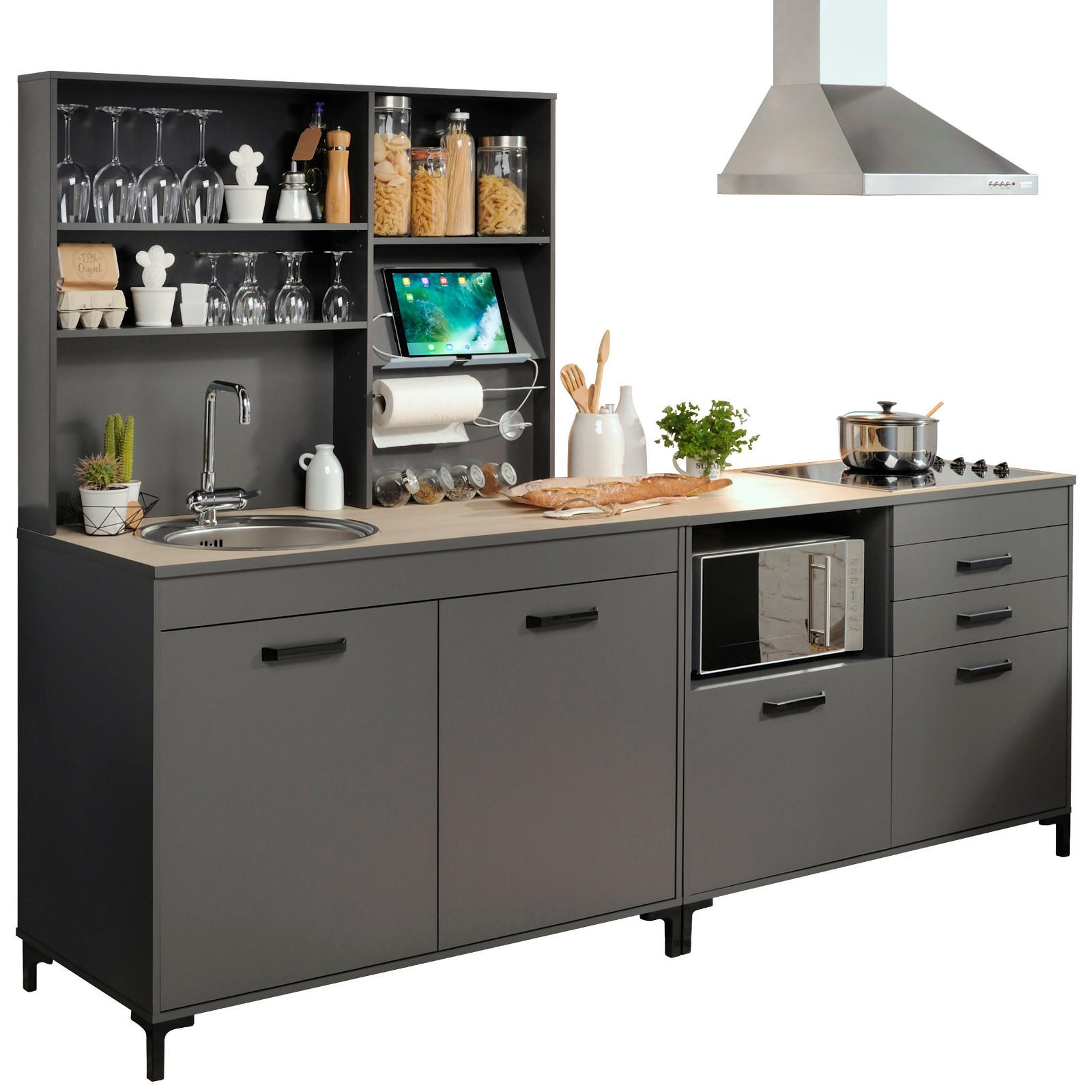 KÜCHE Set 3-tlg. grau Küchenzeile mit Regal, Breite 238 cm - Multicolor/Schwarz, Holzwerkstoff/Kunststoff (238/189/60cm) - Parisot Meuble