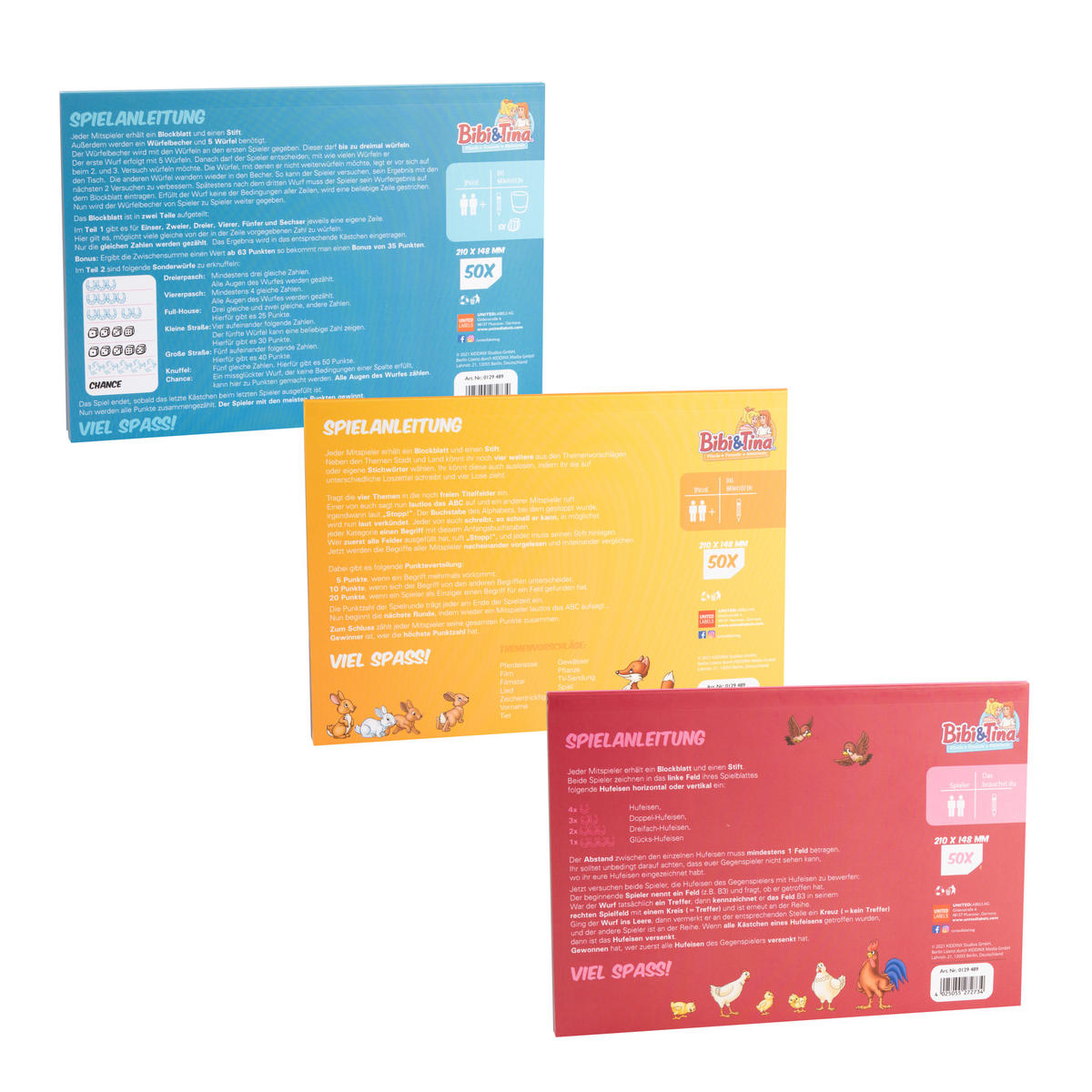 REISESPIEL Bibi & Tina Spielblock 3er Set (Hufeisen versenken, Knuffel, Stadt, Land, Pferd) je 50 Blatt - Multicolor, Papier (21/14.8cm) - United Labels
