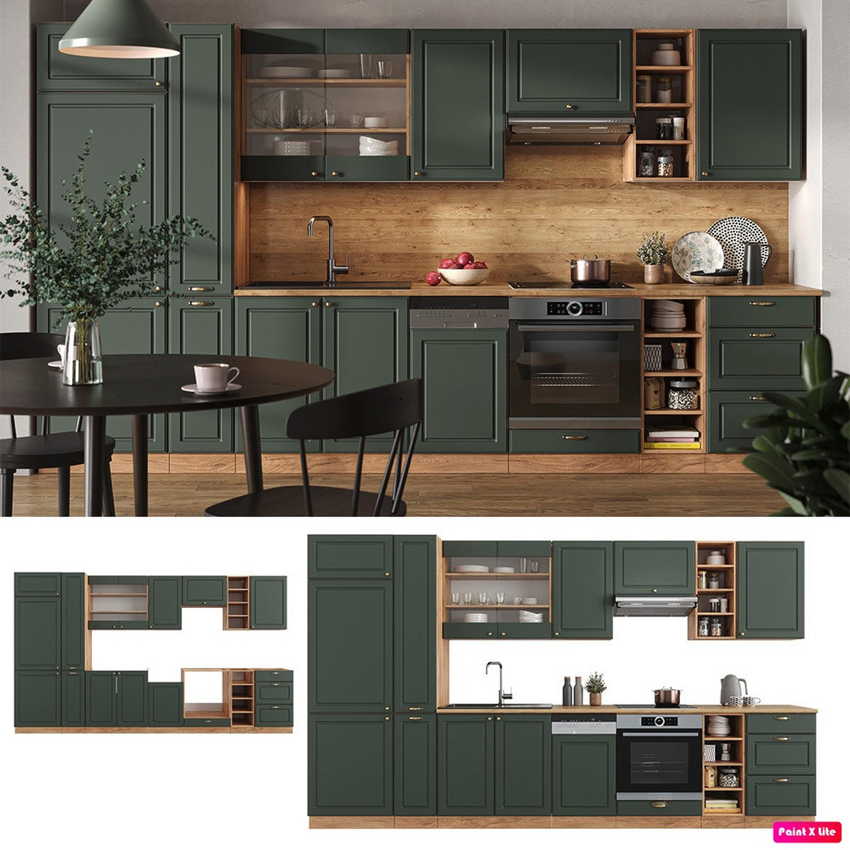 KUHINJSKI BLOK Fame-Line Zeleno-zlata dežela/zlati hrast Power 355 cm , DP Marmor - zelena/medeni hrast, leseni material (355/206.8/60cm) - Vicco