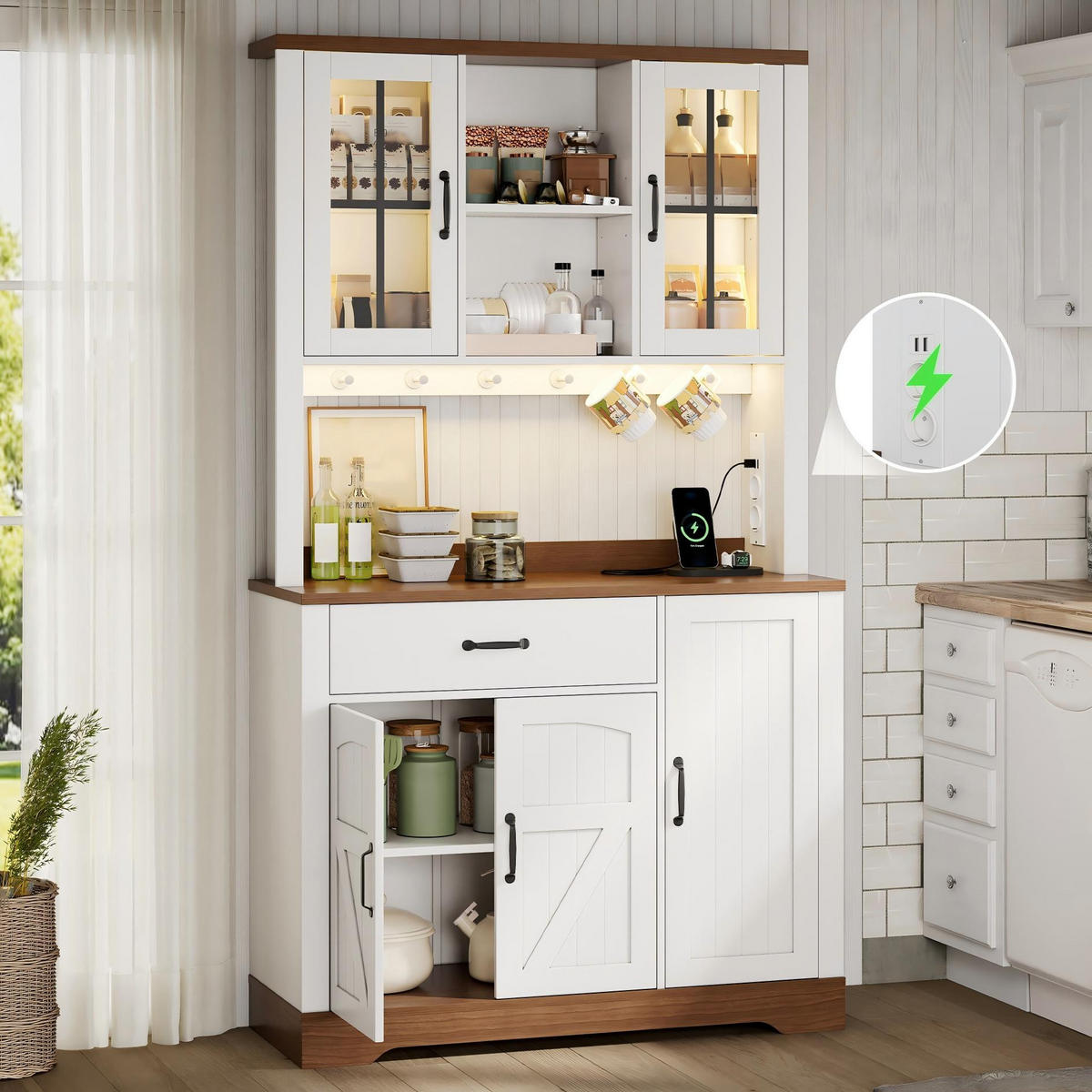 BUFFET Scheunenstil LED-Beleuchtung Naturfarben-Weiß 105/40/185 cm - Naturfarben, Holz (105/185/40cm) - PANGIVO