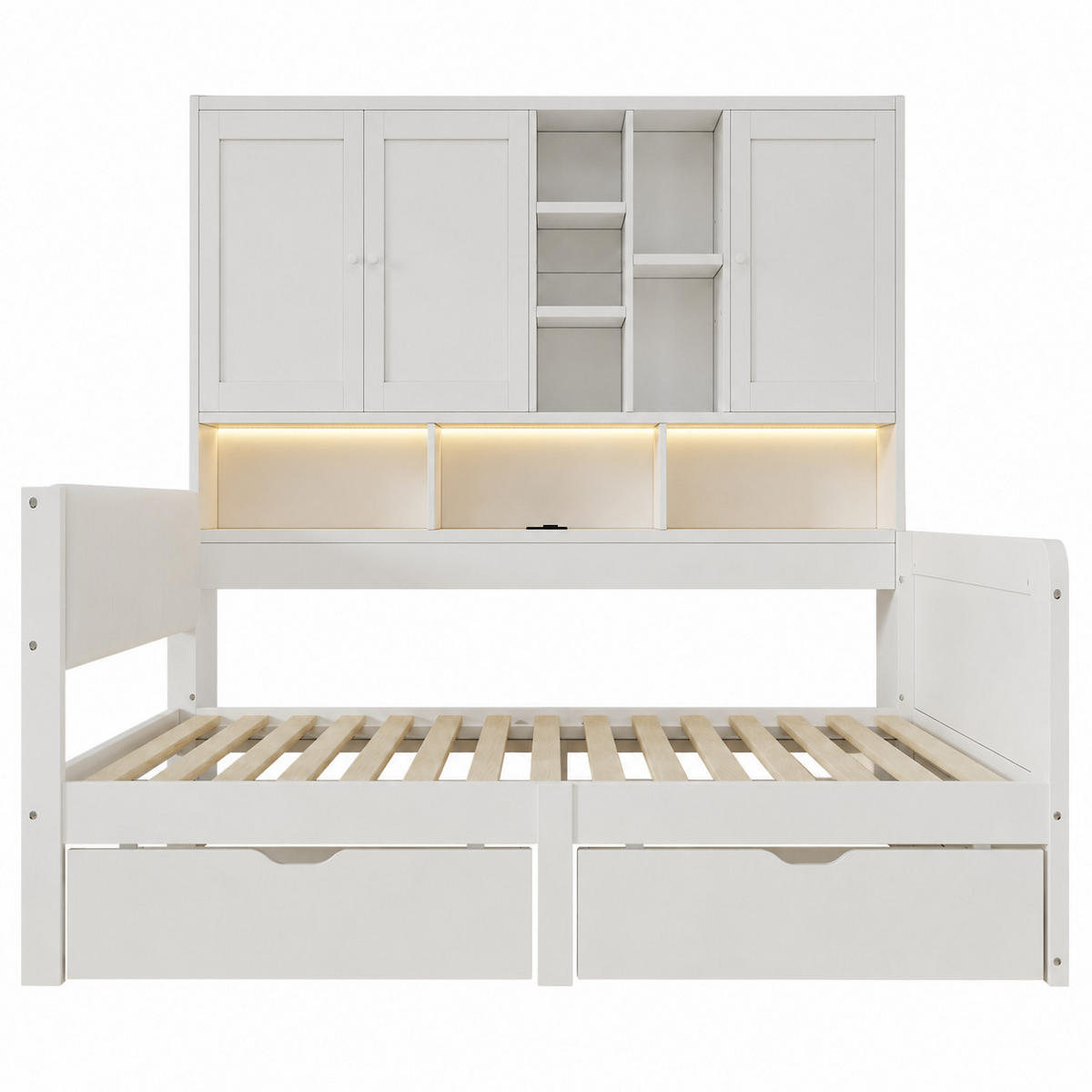 KINDERBETT aus MDF 90x200 cm Weiß mit LED-Beleuchtung, USB-C, Stauraum und PU-Kopfteil - Weiß, Holzwerkstoff (90/200cm) - Modfu