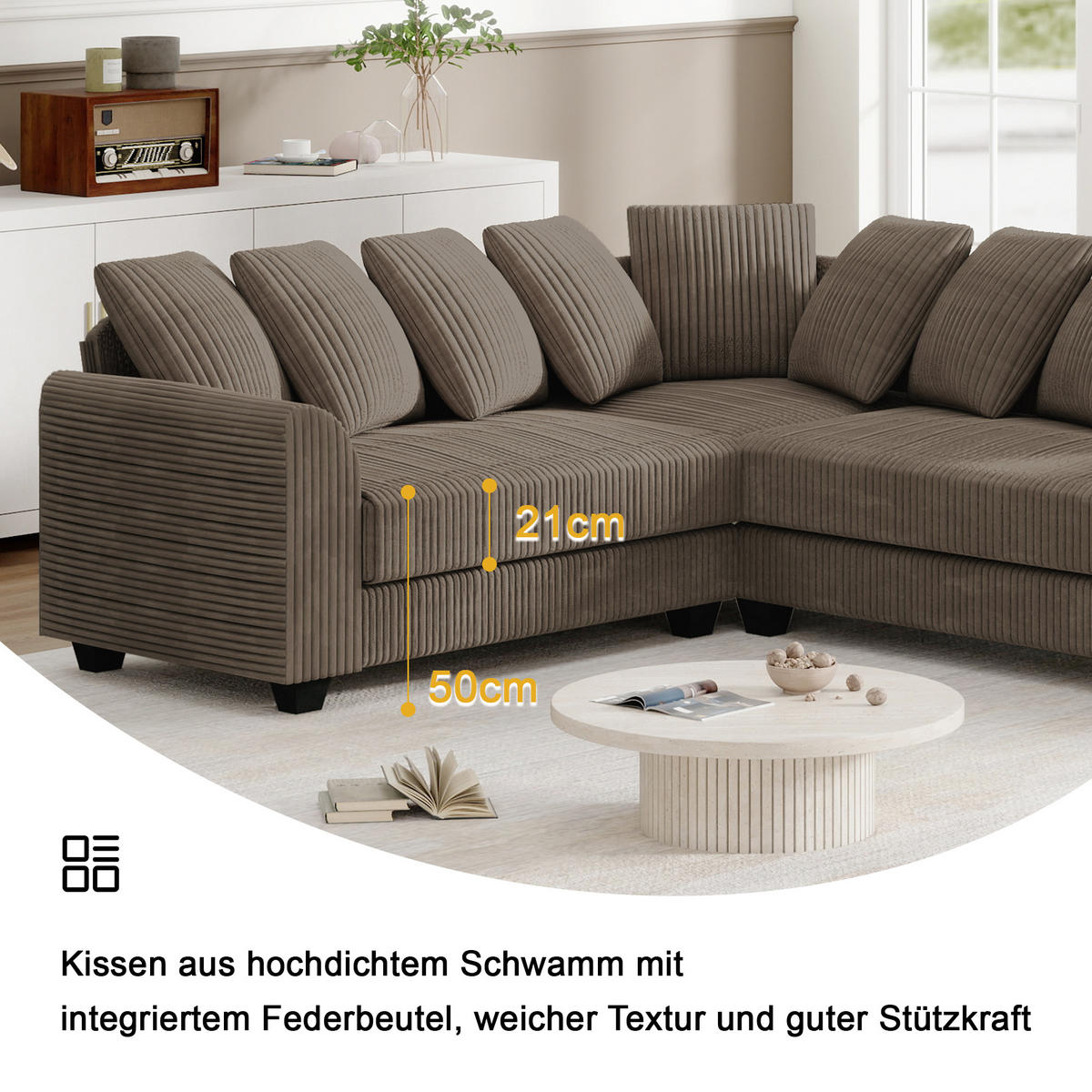 ECKSOFA Cord mit tiefem Sitz, Kissen 202/202/74 cm Braun - Braun, Textil (202/202cm) - Redom