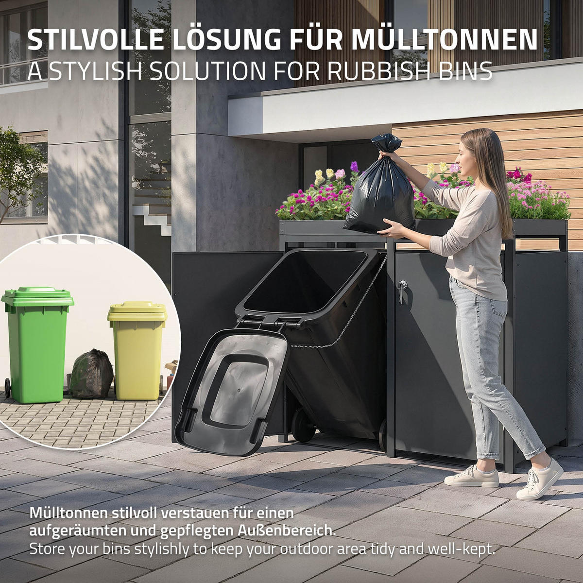 SADA 2 popelnic s rostlinnou střechou antracitová - antracitová, kov (132/124/80cm) - ML-DESIGN
