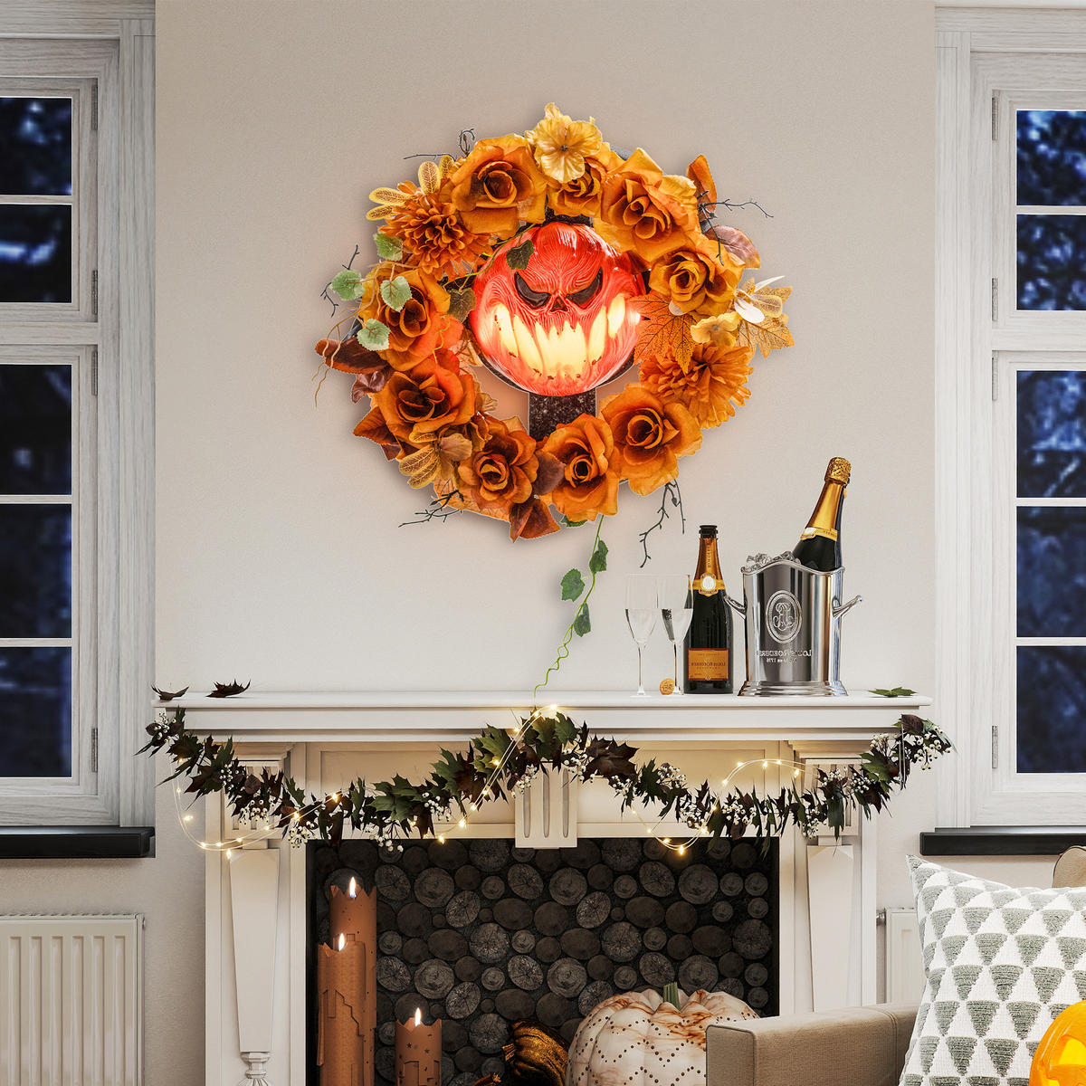 HALLOWEEN Dekoration Hängender Kürbis-Kranz mit 44 LEDs mit Flammeneffekt - Orange, Textil (9/44/44cm) - Outsunny