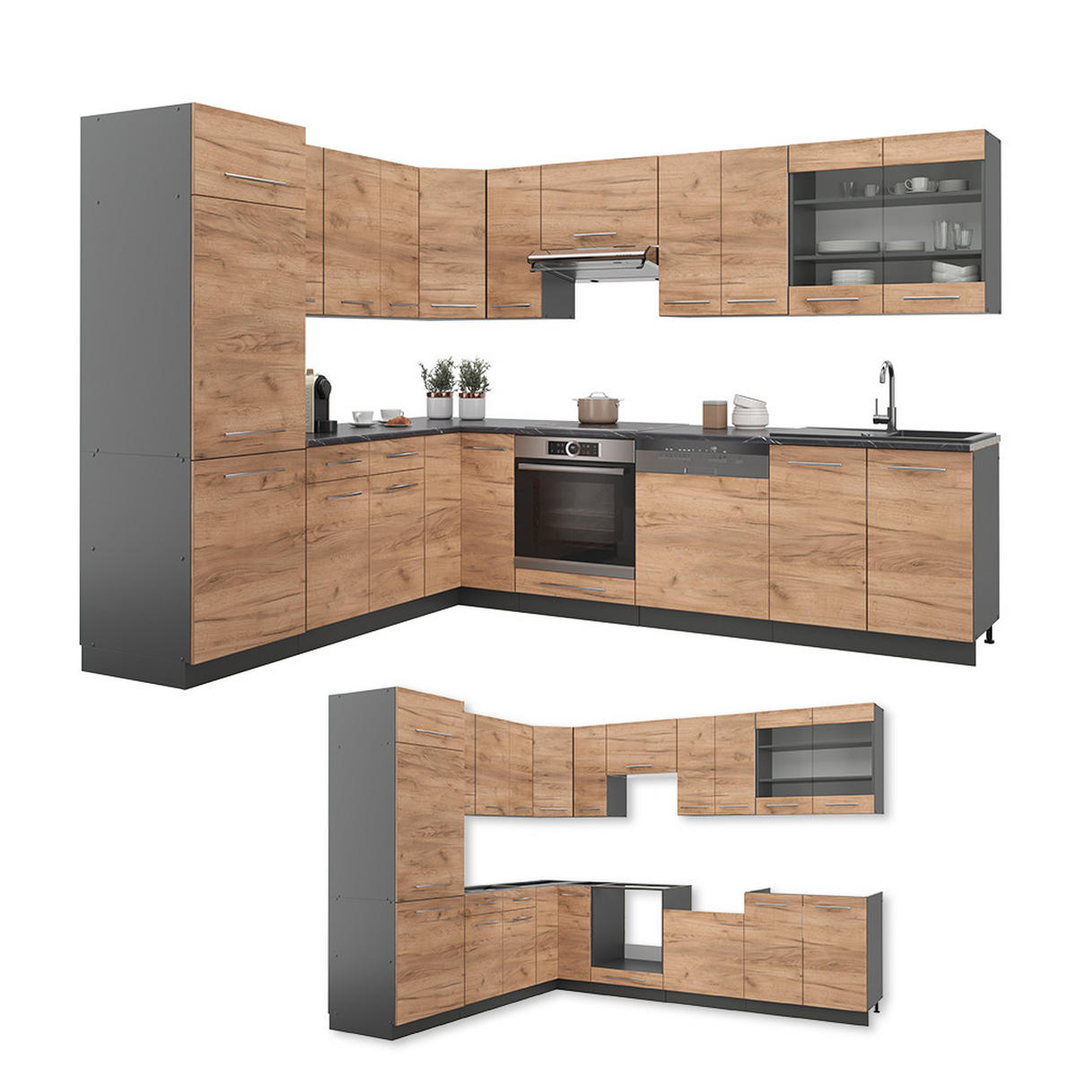 ECKKÜCHE Fame-Line Goldkraft Eiche/Anthrazit 227 x 60 cm ohne AP - Honigeiche/Anthrazit, Holzwerkstoff (287/81.6/46cm) - Vicco