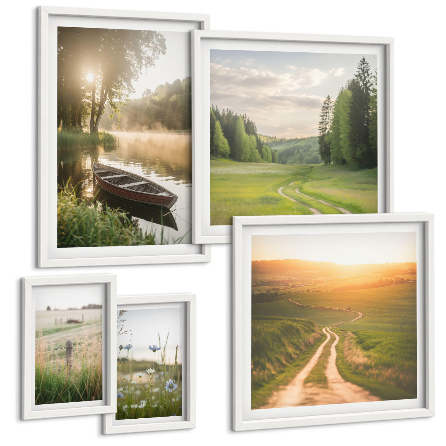 BILDER SET 5er Set - 50x50 cm & 20x30 cm & 40x60 cm Weißer Rahmen - Landschaftswiesenstraße West - Weiß, Kunststoff (40/60cm) - TULUP