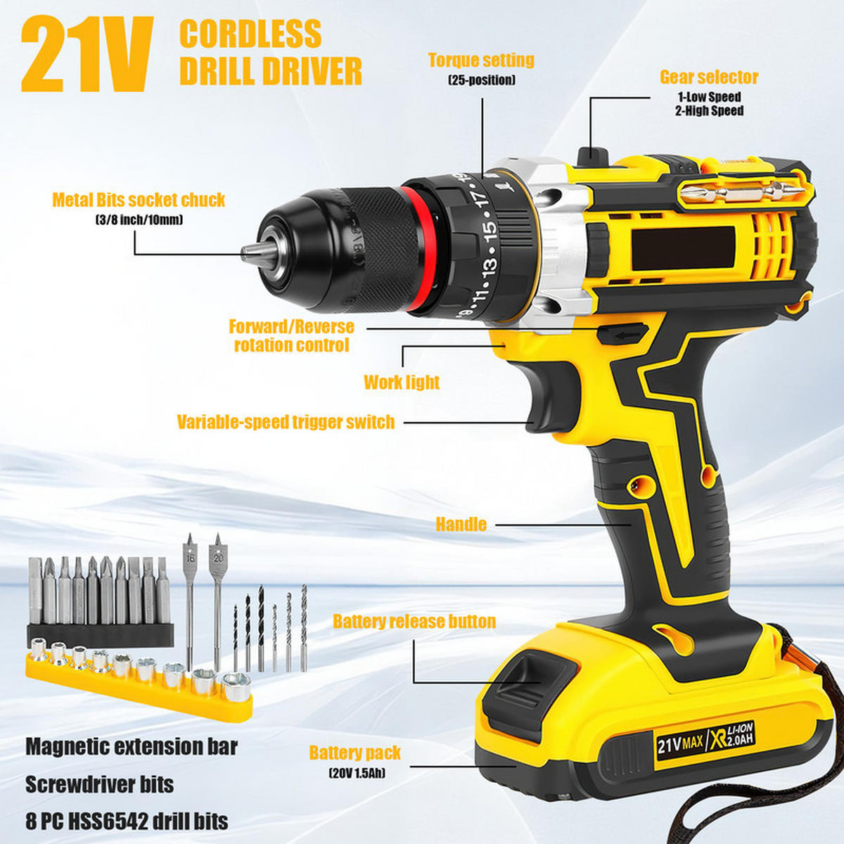 AKKU-SCHLAGBOHRMASCHINE 21 V – Mini Wireless Bohrhammer & Elektroschrauber, Li-Ionen-Akku - Gelb, Metall (10/5/12cm) - Coonoor