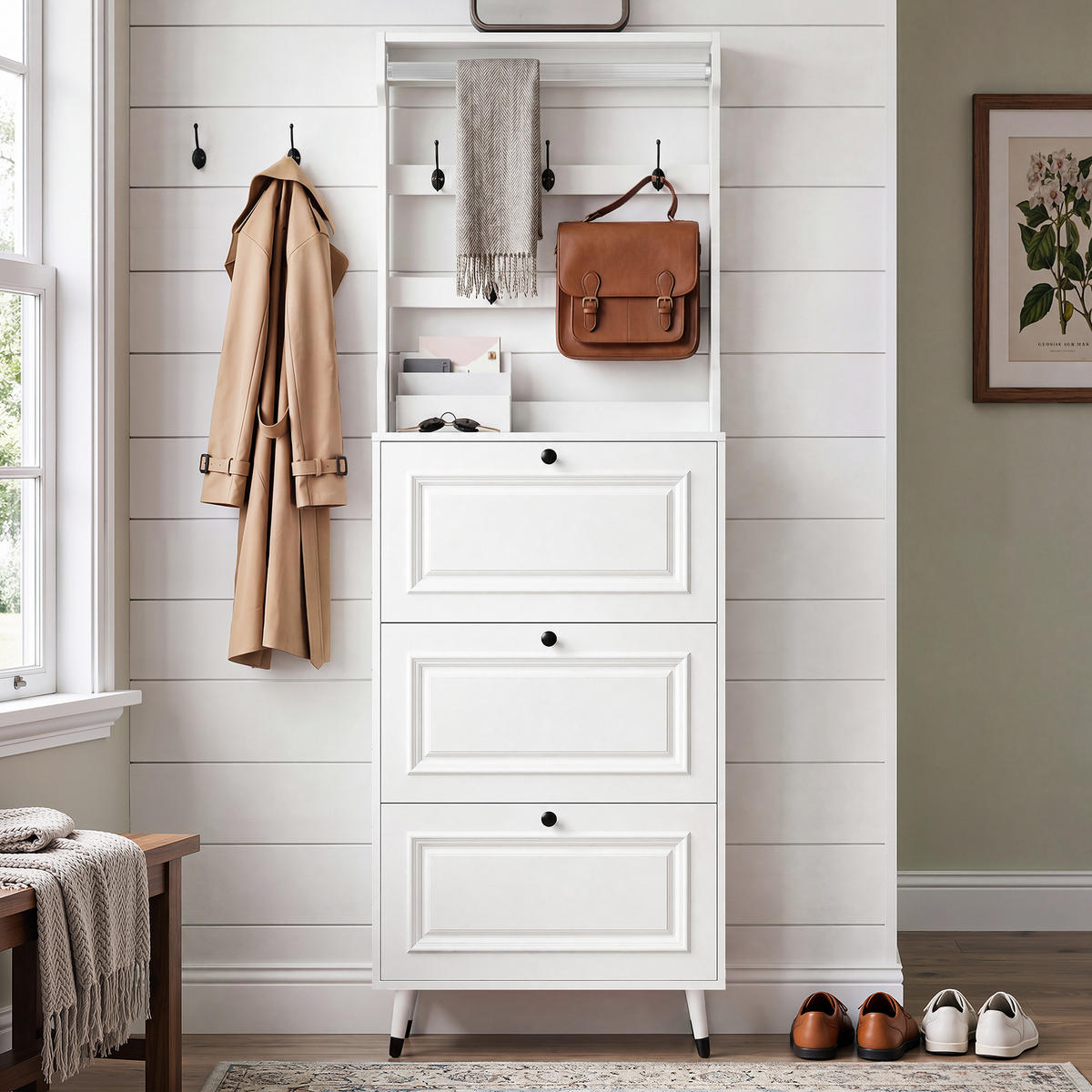GARDEROBE mit Schuhschrank, Haken und Stauraum für den Eingangsbereich - Weiß, Holzwerkstoff (17/180/66cm) - Korfee