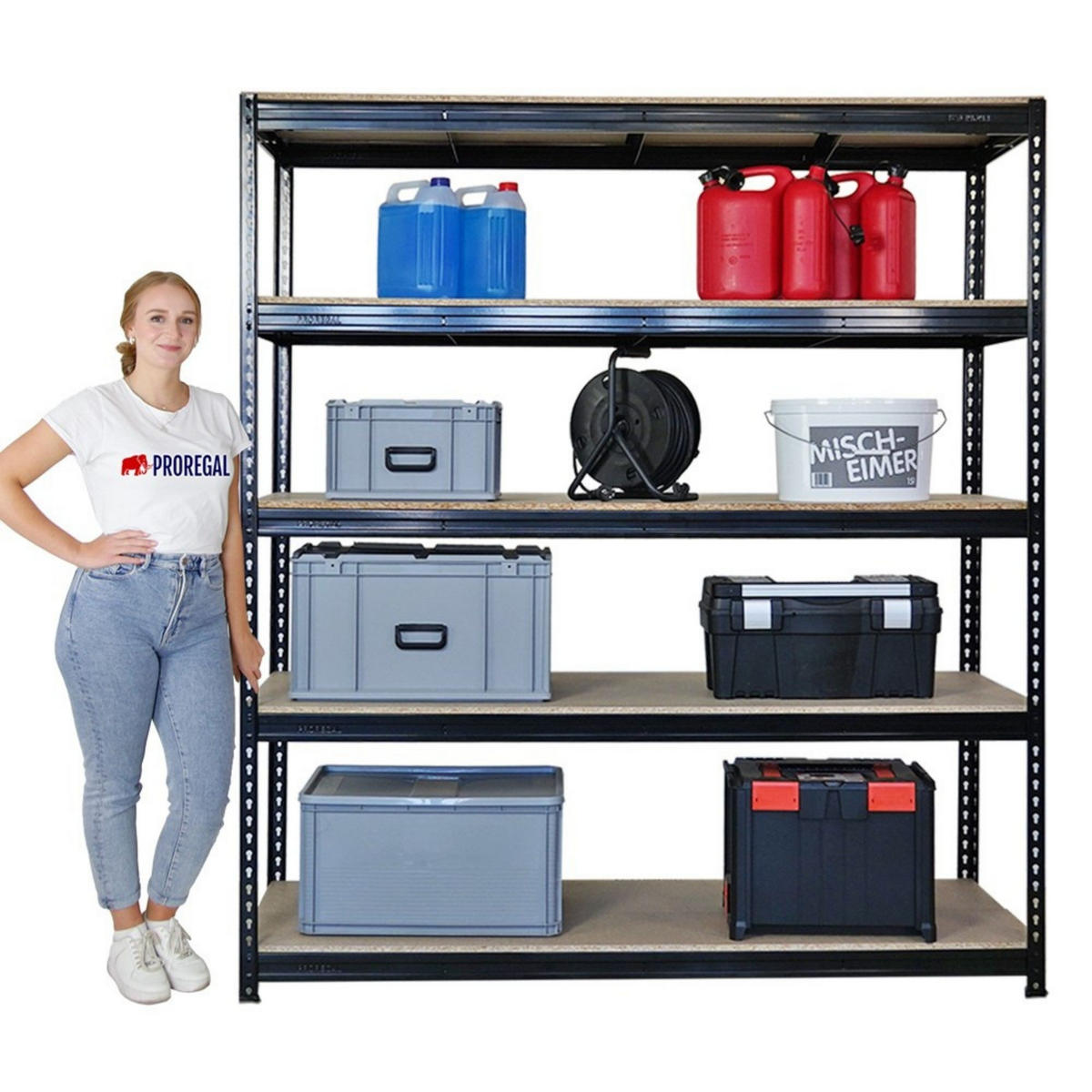 SCHWERLASTREGAL Bison 200x200x60 cm 5 Spanplatten-Ebenen 16mm Fachlast 600 kg Schwarz - Schwarz, Metall (200/200/60cm) - PROREGAL