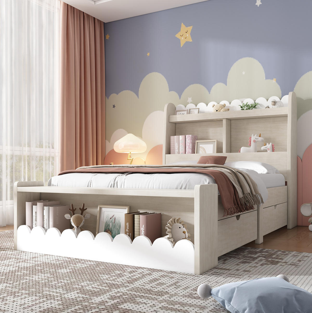 KINDERBETT 90/200 cm mit 2 Schubladen, Regal, Sitzbank mit Stauraum und Lattenrost aus Massivholz und MDF, Weiß/Eichefarben - Weiß, Holzwerkstoff - Redom