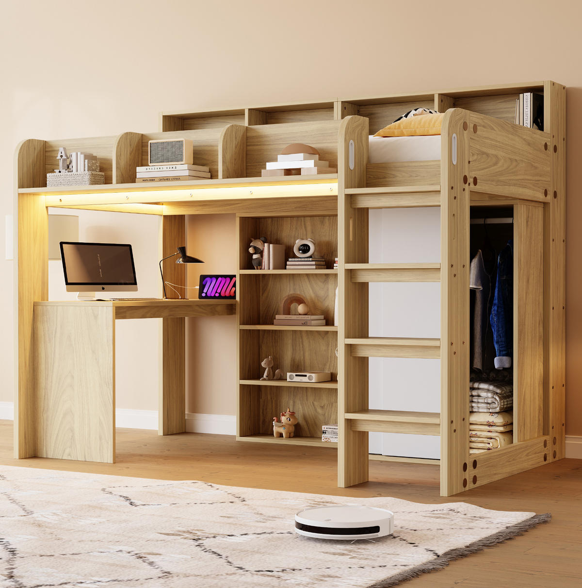 HOCHBETT aus MDF, Spanplatte und Sperrholz 90x200 cm Holzfarbe mit Schreibtisch, Kleiderschrank, LED-Beleuchtung und Steckdose - Naturfarben, Holzwerkstoff (90/200cm) - Modfu