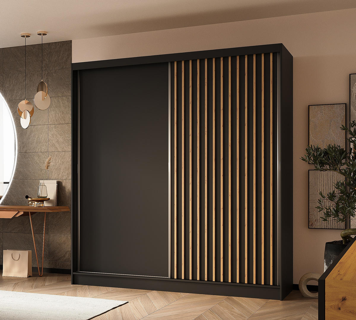 SCHWEBETÜRENSCHRANK Cabinio Schwarz Eiche Artisan 200/216/61 cm – Modern, mit Lamellen - Walnussfarben/Schwarz, Holzwerkstoff/Kunststoff (200/216.1/61cm) - AX Living