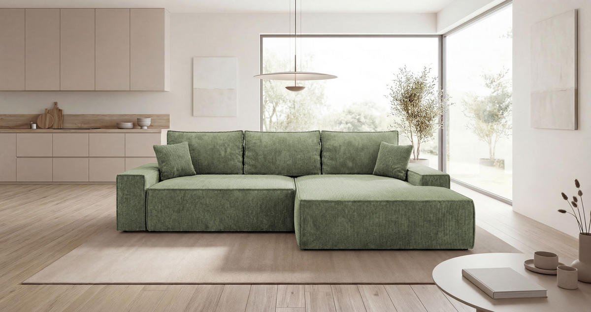 ECKSOFA VERONA rechts hellgrün Cord Poso 47 - Schlaffunktion, Bettkasten - Hellgrün, Textil (280/184cm) - Cornero