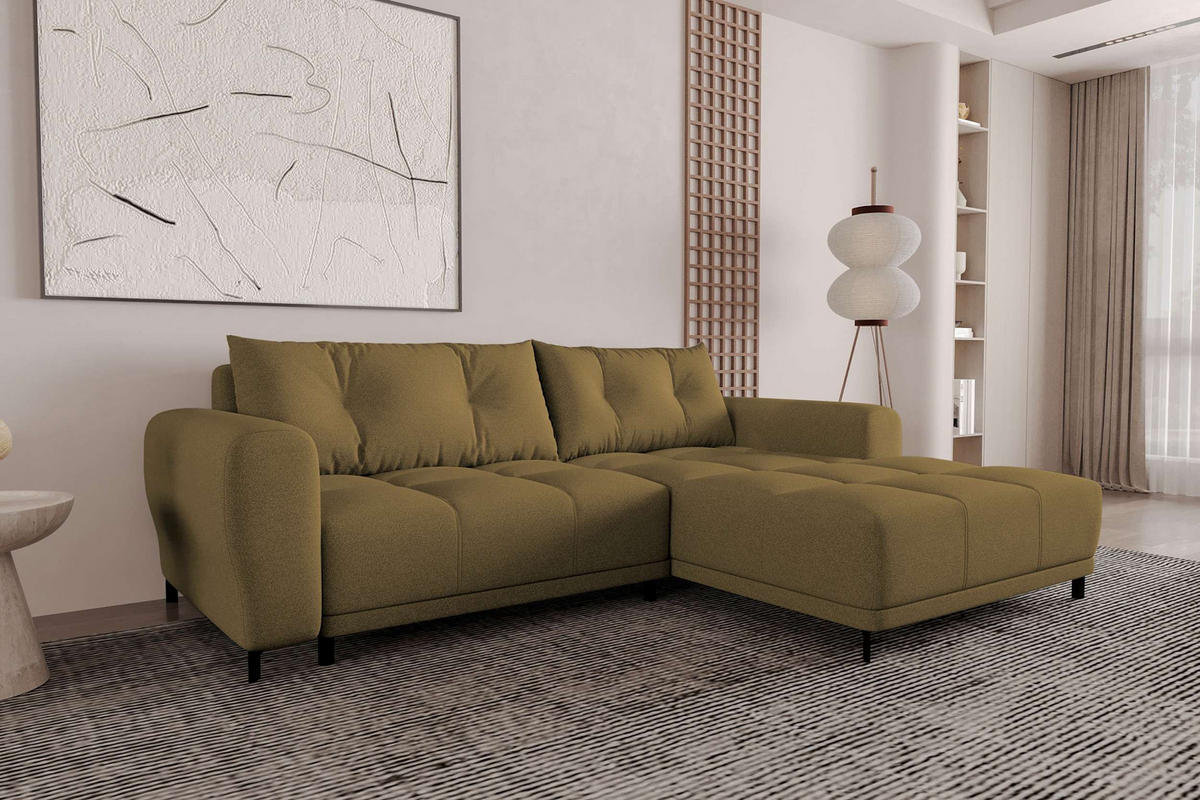 ECKSOFA Massimo Strukturstoff Olivgrün inkl. Schlaffunktion Rechts - Schwarz/Olivgrün, Textil/Metall (246/177cm) - 99rooms