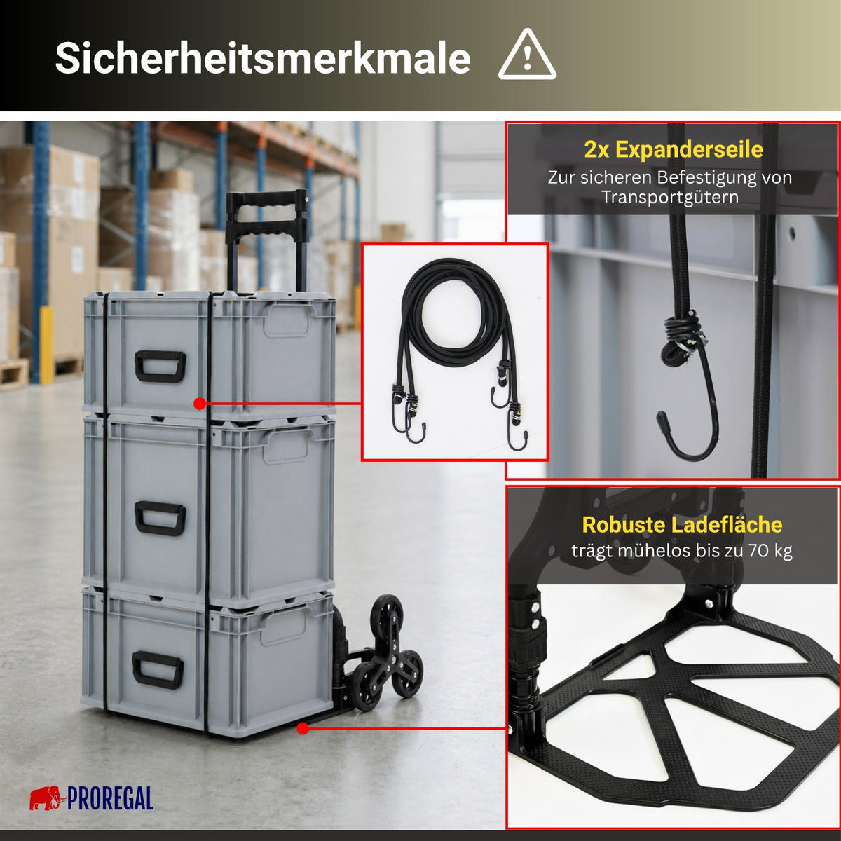 TREPPENSTEIGER Sackkarre Elephant klappbar 100x39x47cm Traglast 80kg AluminiumrahmenTRR Fachgummiräder Schwarz - Schwarz, Metall (47/39/100cm) - PROREGAL