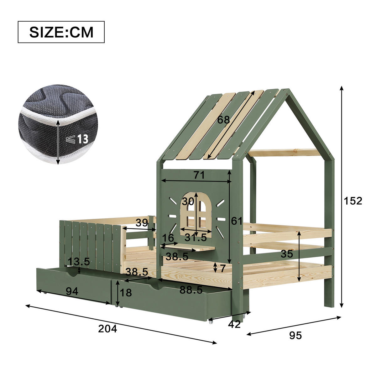 KINDERBETT 90/200 cm in Grün & Natur mit 2 Schubladen - Grün, Holz/Holzwerkstoff (90/200cm) - WISHDOR