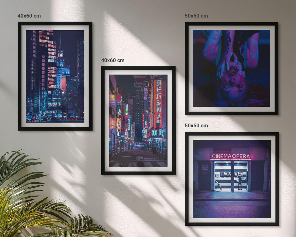 WANDBILDER 4er-Set - 50x50 cm & 40x60 cm Schwarzer Rahmen - Nachtstadt mit Neonlichtern - Schwarz, Kunststoff (50/50cm) - ArtPrintCave