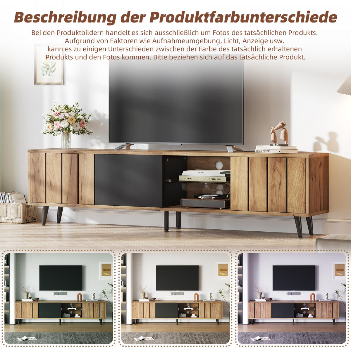 LOWBOARD 175/31,5/45 cm aus Spanplatte mit 3 Türen und Glasfach Natur/Schwarz - Hellbraun, Holzwerkstoff (175/45/31.5cm) - Modenvie
