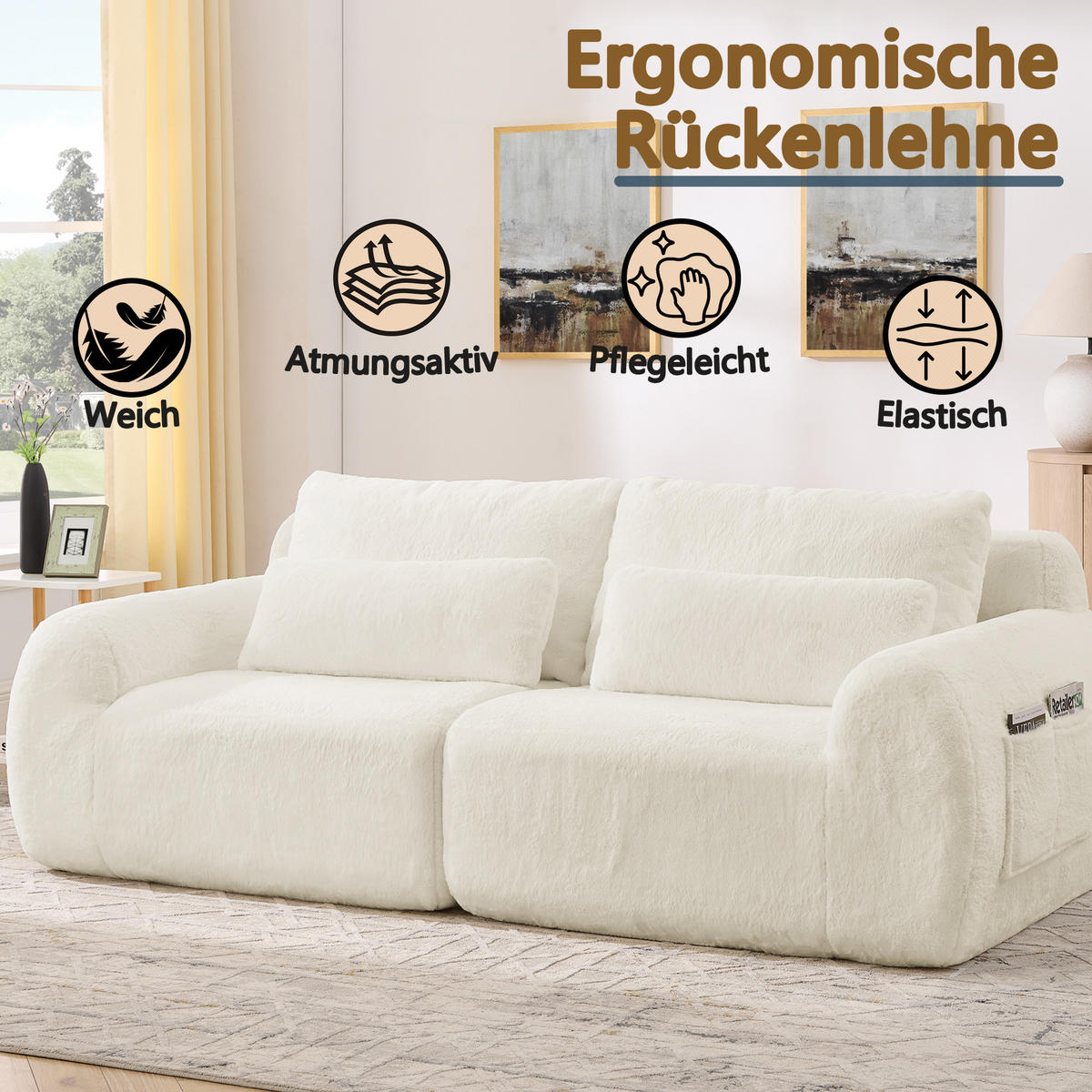 2-SITZER SOFA Kaninchenstil-Kunstfell Beige mit USB und Magazintasche - Beige, Textil (208/81/101cm) - WISHDOR