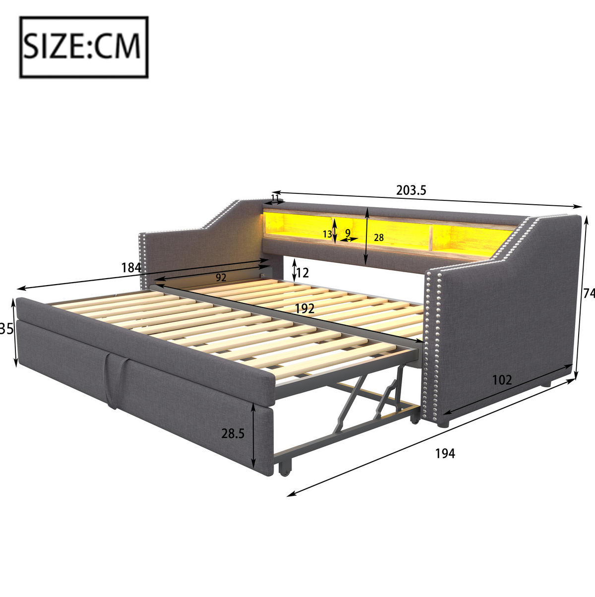 BETT aus Leinen 90/180x190 cm Dunkelgrau mit Ausziehbett, LED, USB und Ablagefächern - Dunkelgrau, Textil (140/200cm) - Modfu