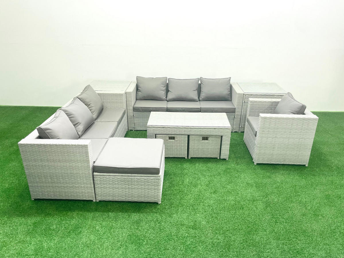 GARTENSOFA hohe Rückenlehne Polyrattan Hellgrau-Mix 10-Sitzer - Hellgrau/Grau, Glas/Kunststoff - Fimous
