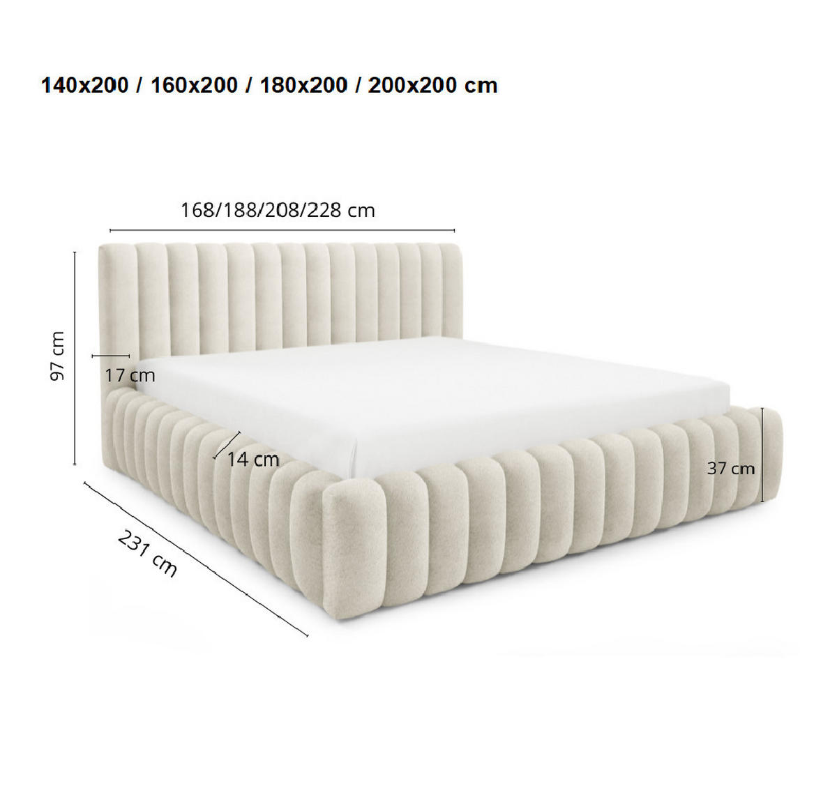 DOPPELBETT Bouclé 140x200 Livia mit Mettalllattenrost, Bettkasten, Hellgrau - Hellgrau, Holz/Textil (140/200cm) - Emporius