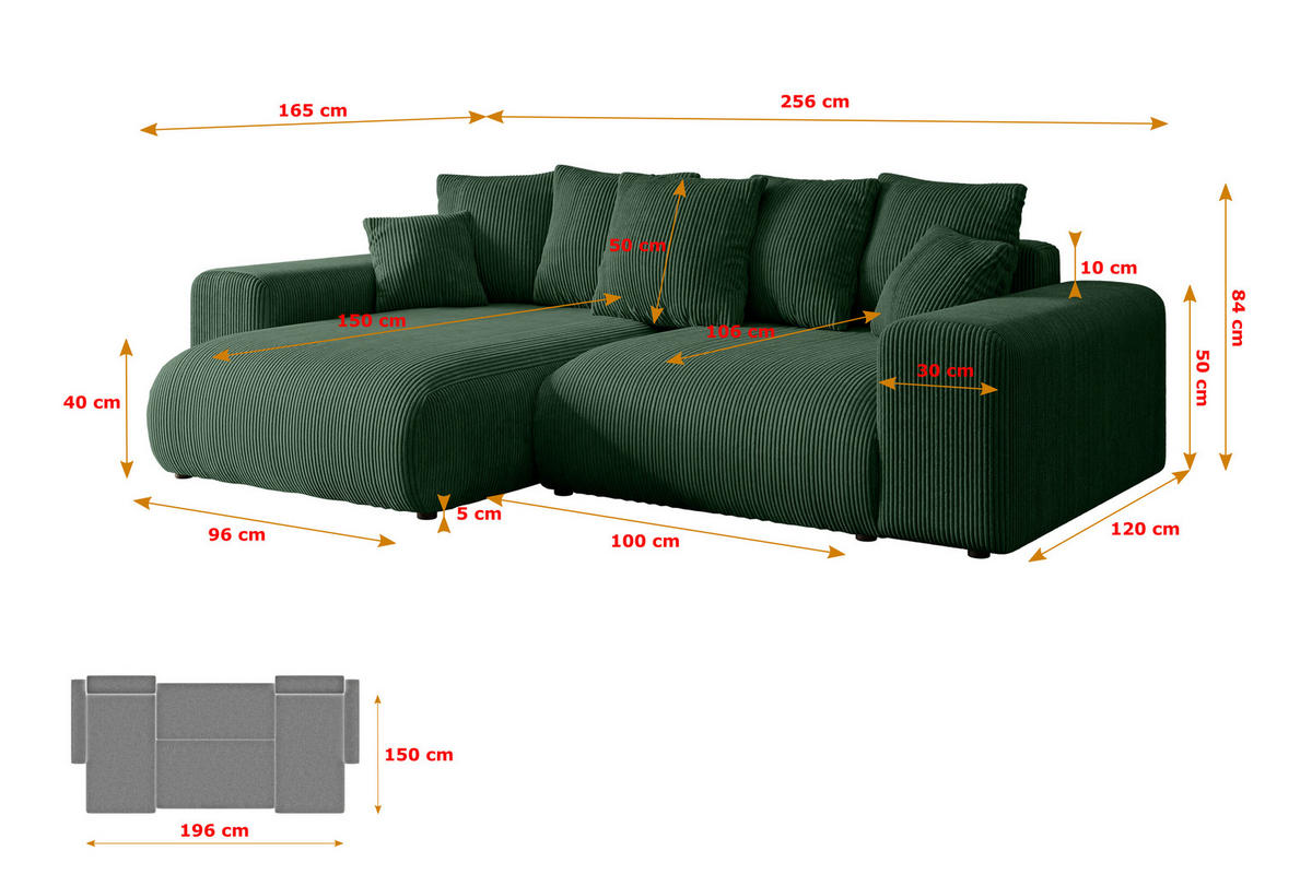 ECKSOFA mit Schlaffunktion und Bettkasten ESKAR-L 256x165x84cm Grün Cord - Schwarz/Grün, Holzwerkstoff/Kunststoff (256/165cm) - ALTDECOR