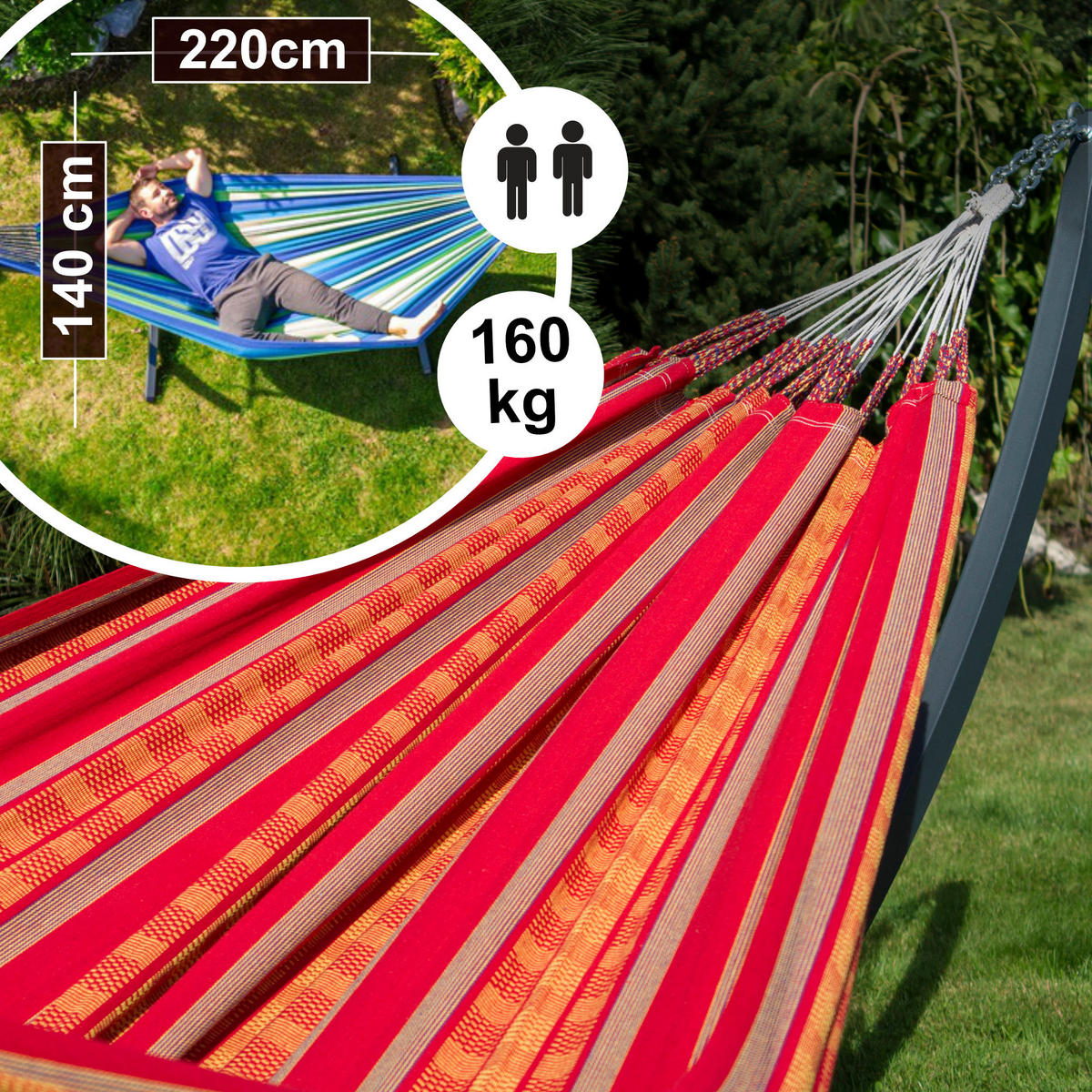 HÄNGEMATTE mit Gestell, 2 Personen, XL, 160 kg, Metall, Pereira Orange, einfache Montage - Orange, Metall (370/130/120cm) - Potenza